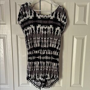 Mimi Chica Black and White Tie-Dye Romper with Pom poms